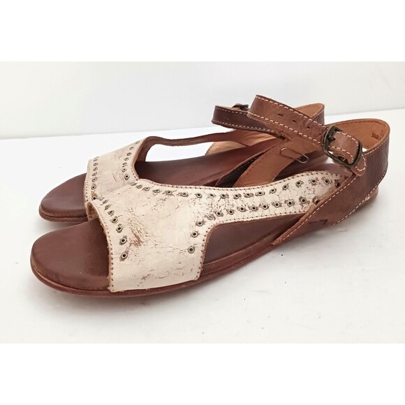 Bed Stu Auburn Flat Sandal Brown/Distressed Ivory Leather Stud Trim Handmade 7.5 - Picture 5 of 11